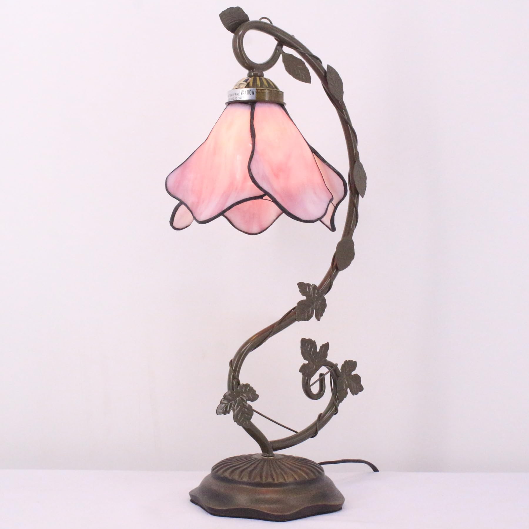 WERFACTORY Tiffany Lamp Pink Stained Glass Table Lamp, Metal Leaf